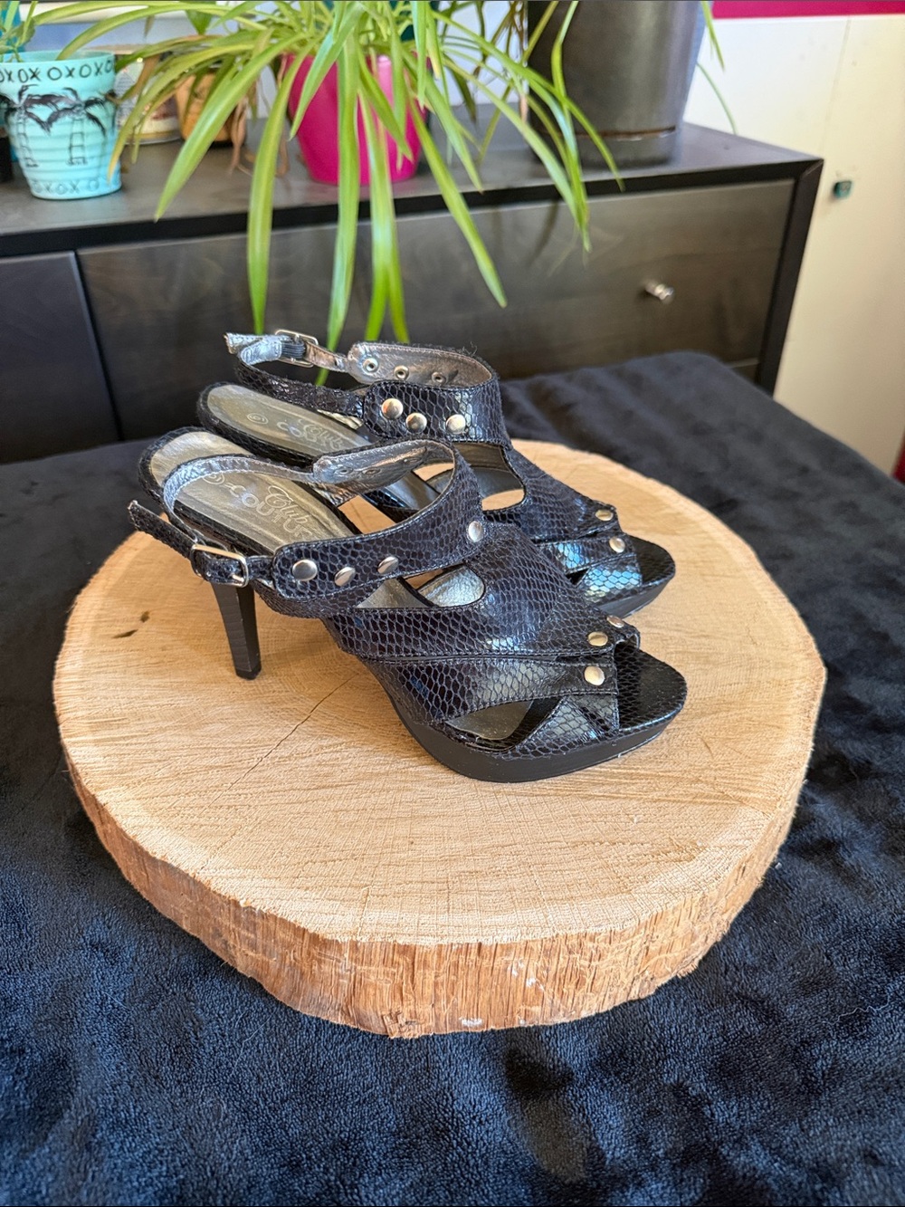 Black Snake-Texture Studded Slingback High Heels